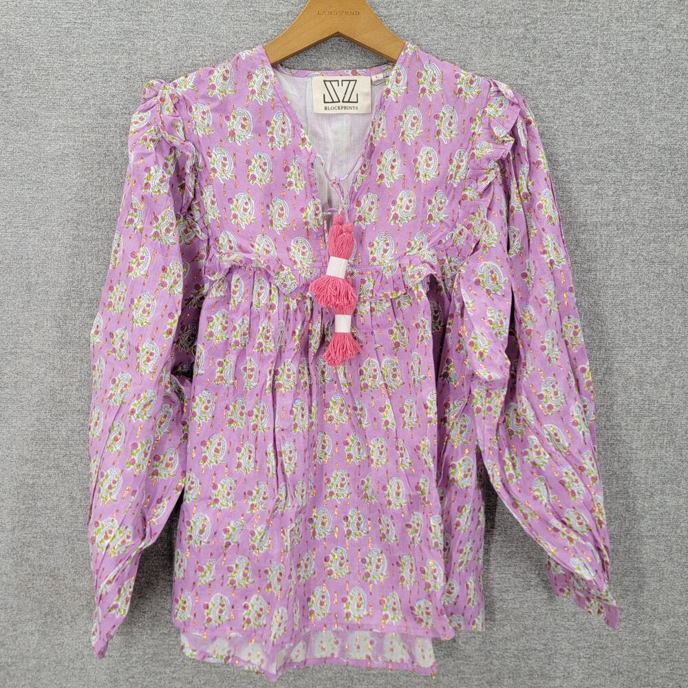 SZ BLOCKPRINTS CLOVER BOHO TOP WITH TASSELS, SIZE L, NWOT $248 *